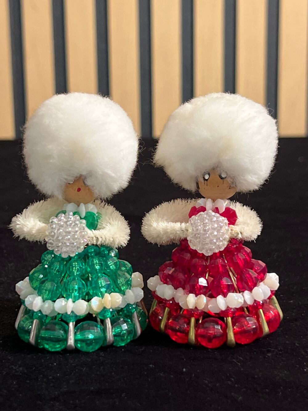 Vintage Beaded Christmas Doll Set of 2 – Red Green Holiday Decorations